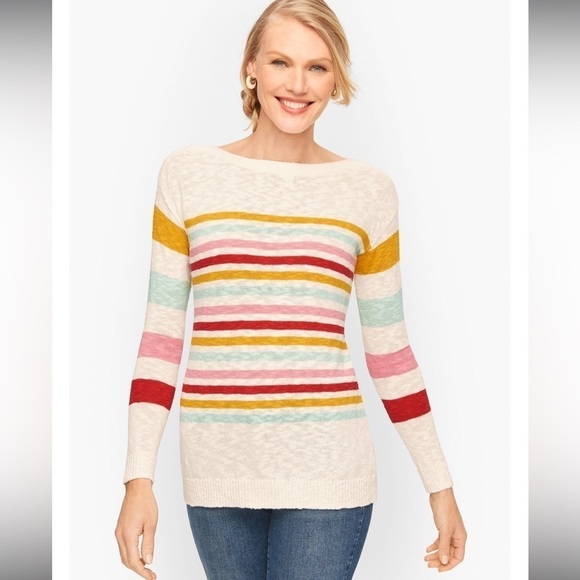 Talbots Slub Boatneck Pullover Sweater 3/4 sleeve Beachy striped Women’s Size MP - Picture 1 of 8